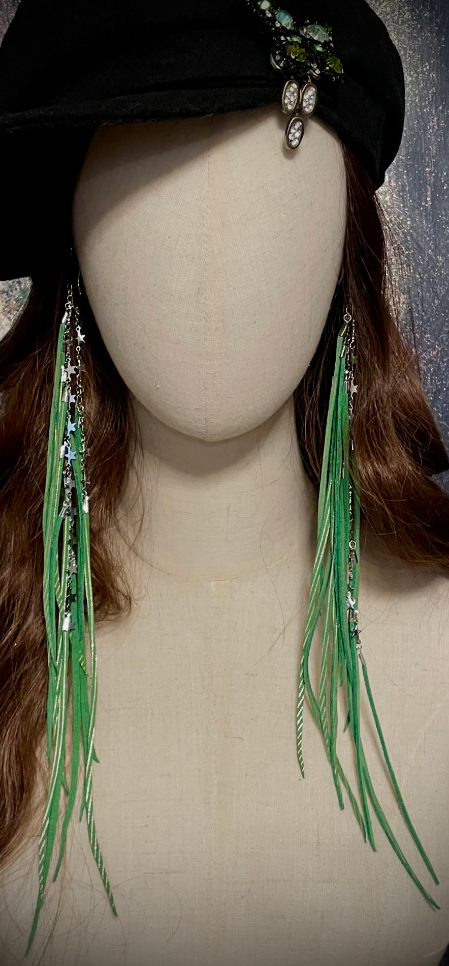 Long Grassy Green Leather Fringe Earrings