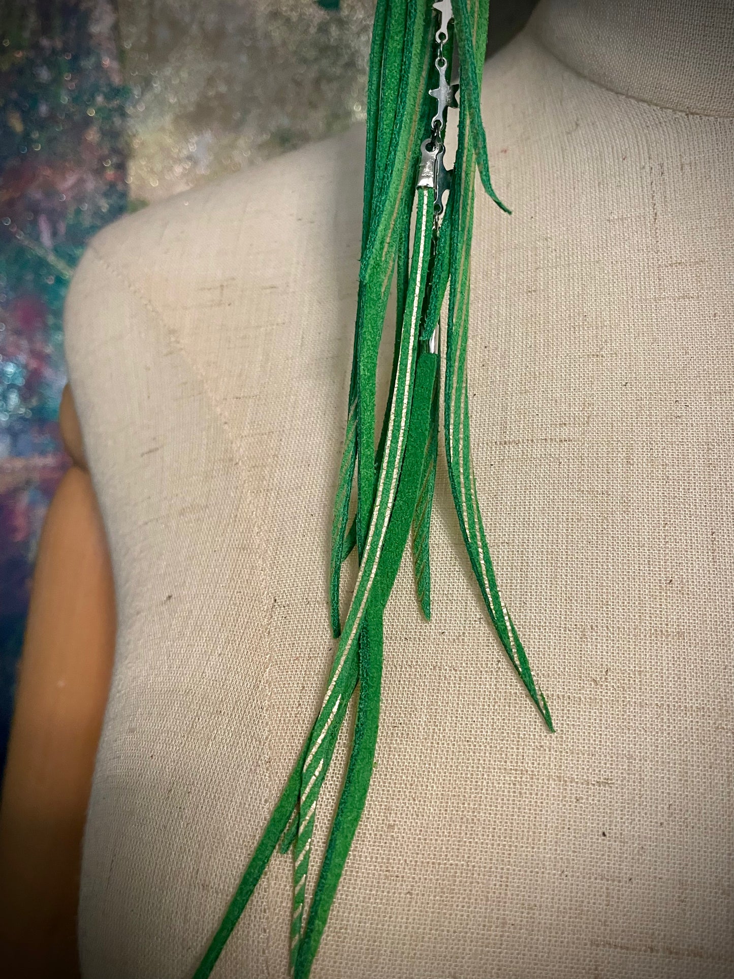 Long Grassy Green Leather Fringe Earrings