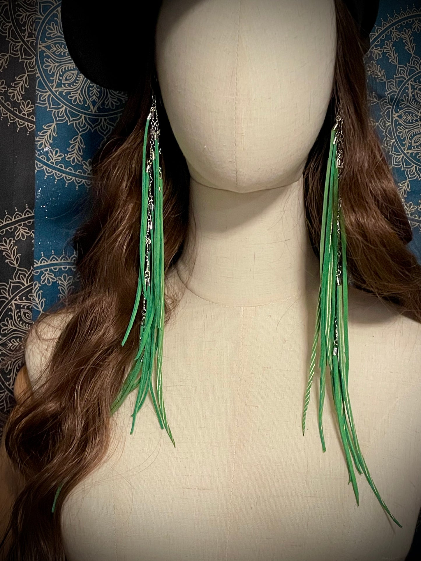 Long Grassy Green Leather Fringe Earrings