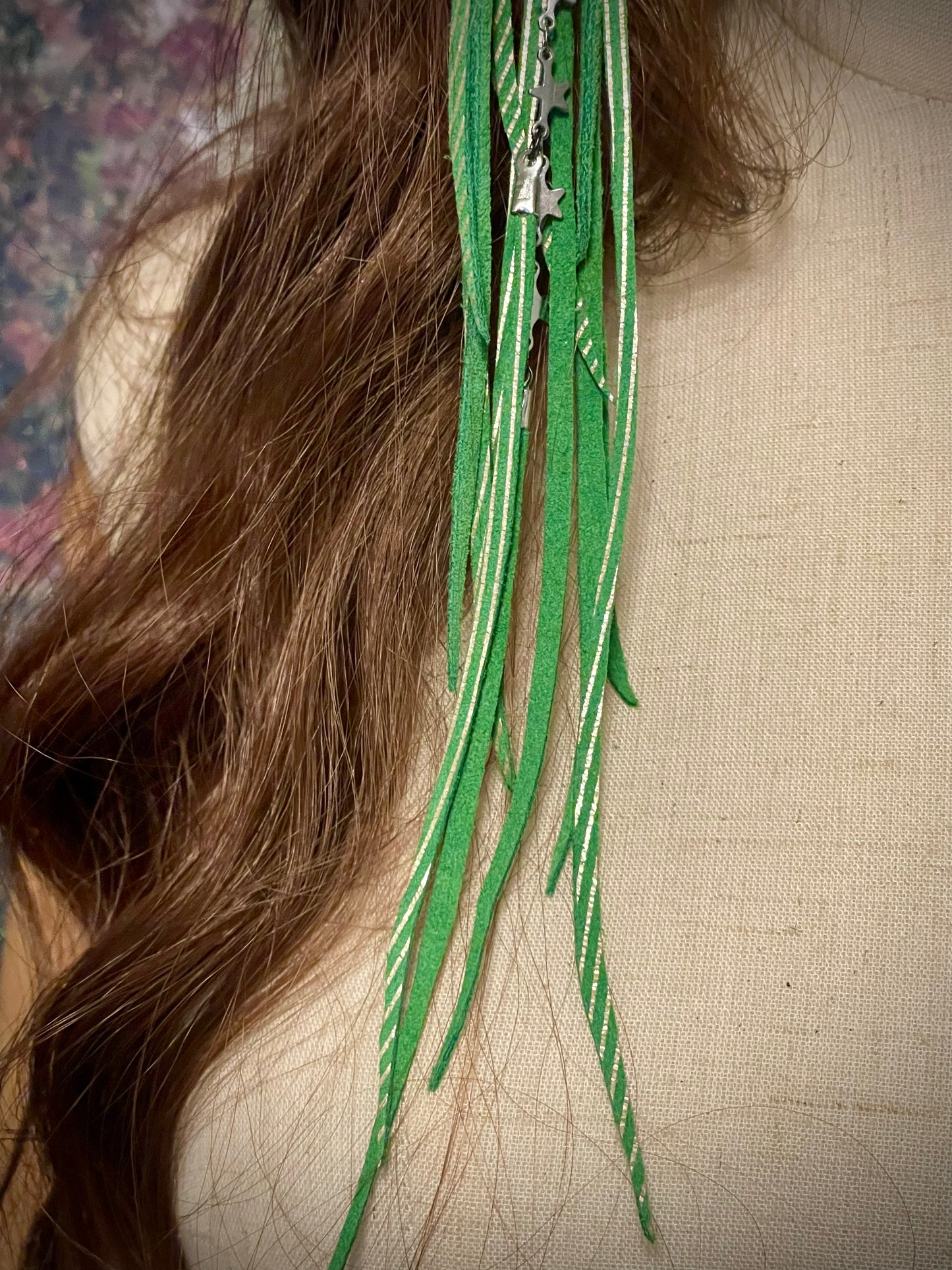 Long Grassy Green Leather Fringe Earrings