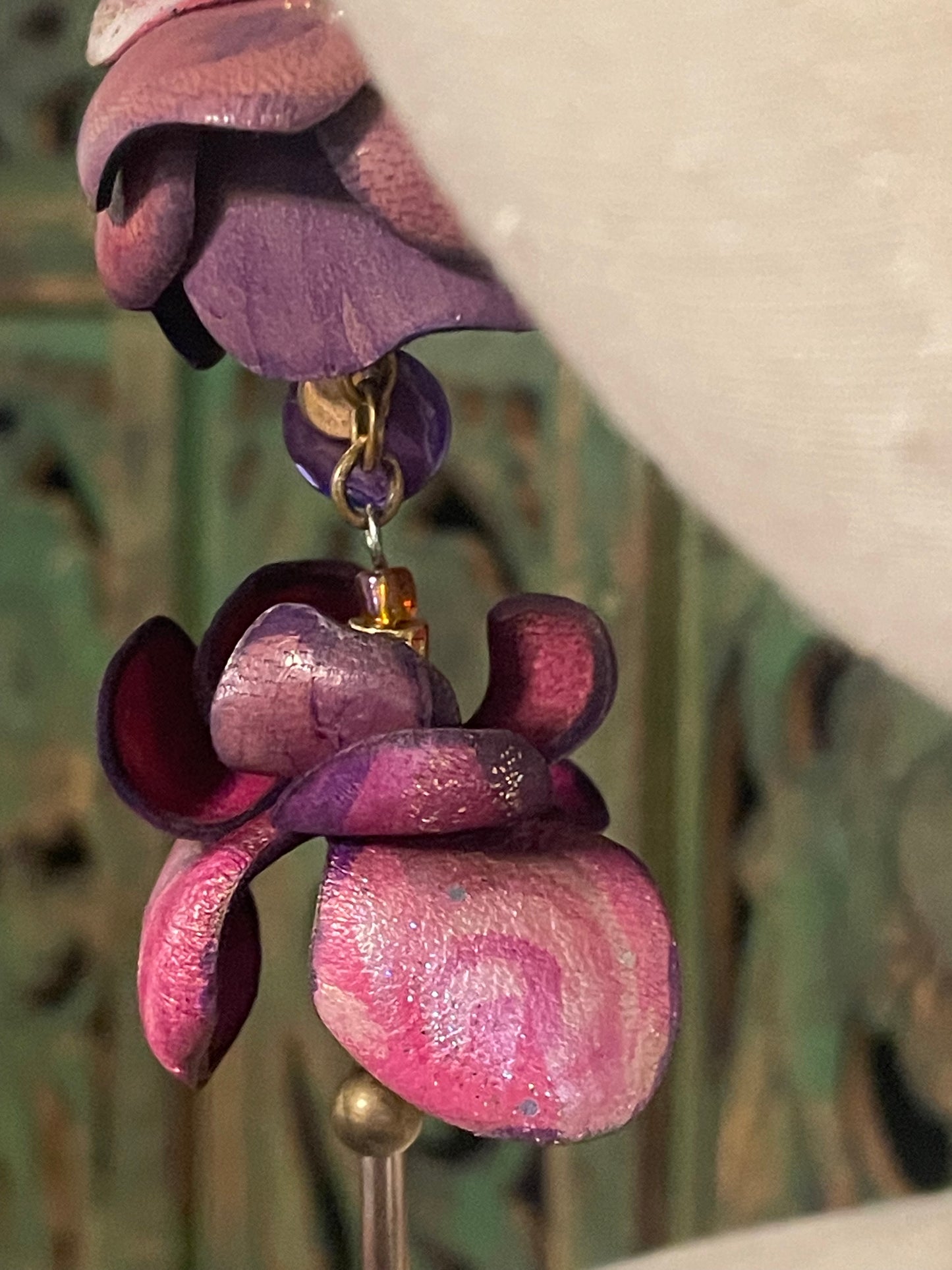 Pink Purple Hand-Painted Leather Flowers Earrings