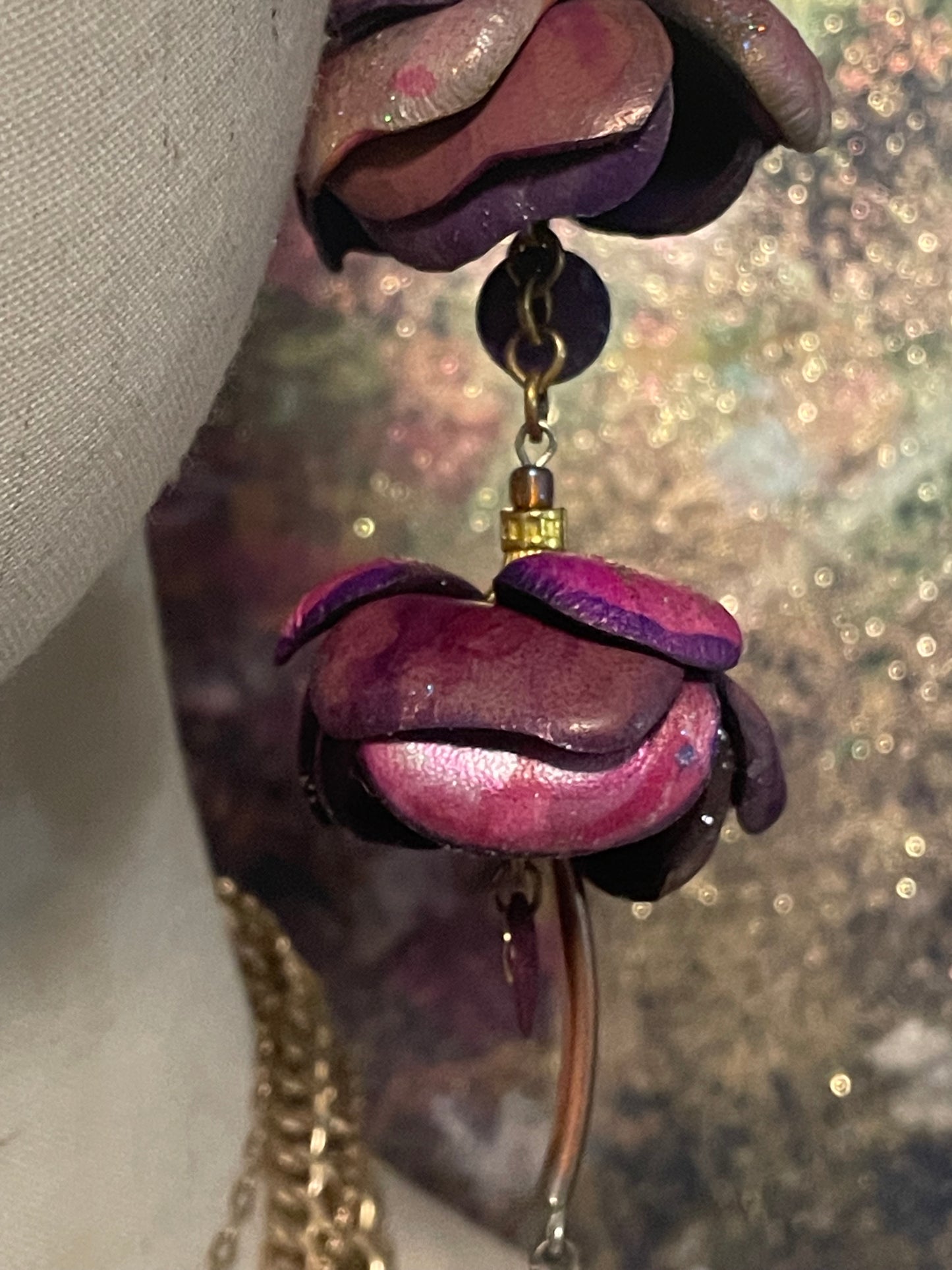 Pink Purple Hand-Painted Leather Flowers Earrings