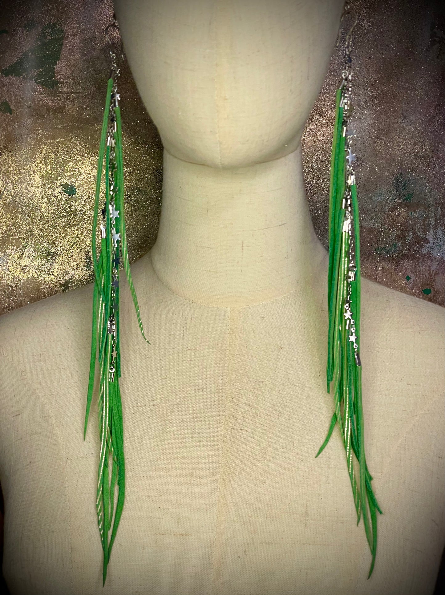 Long Grassy Green Leather Fringe Earrings