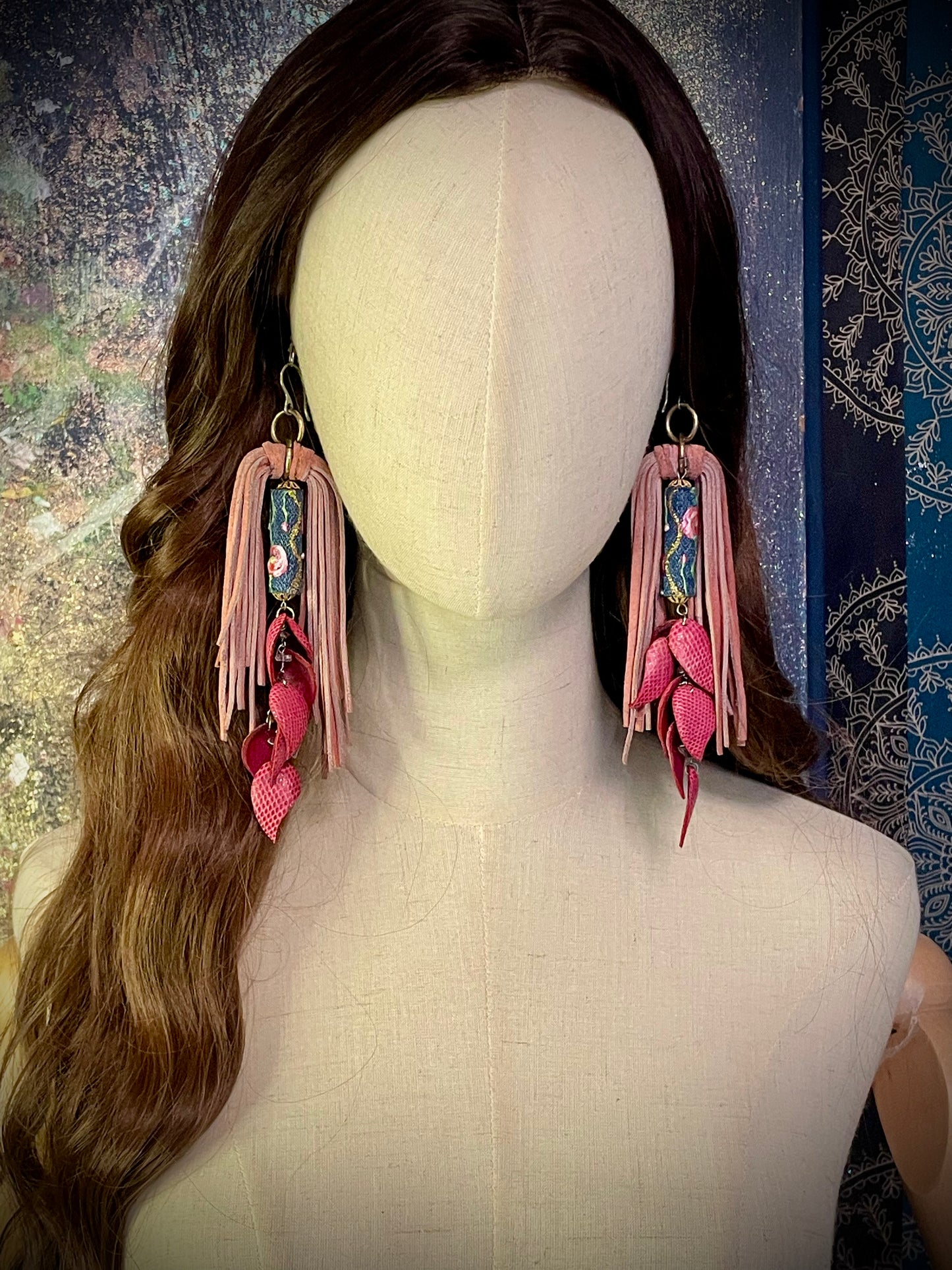 Pink Red Lizard & Suede Fringe Leather Earrings