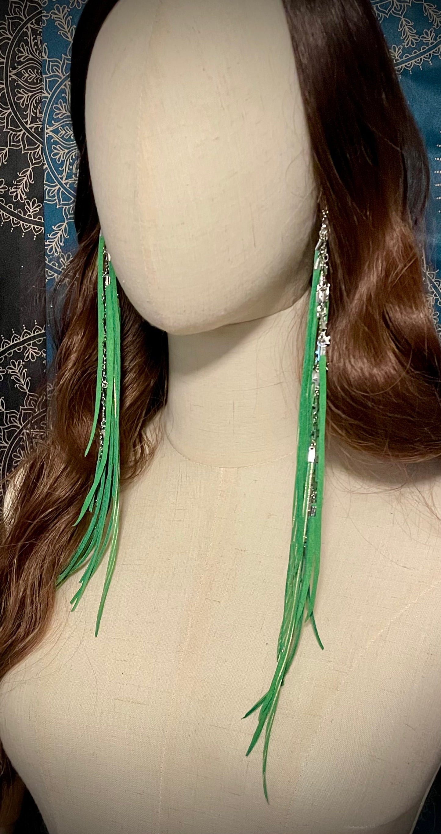 Long Grassy Green Leather Fringe Earrings