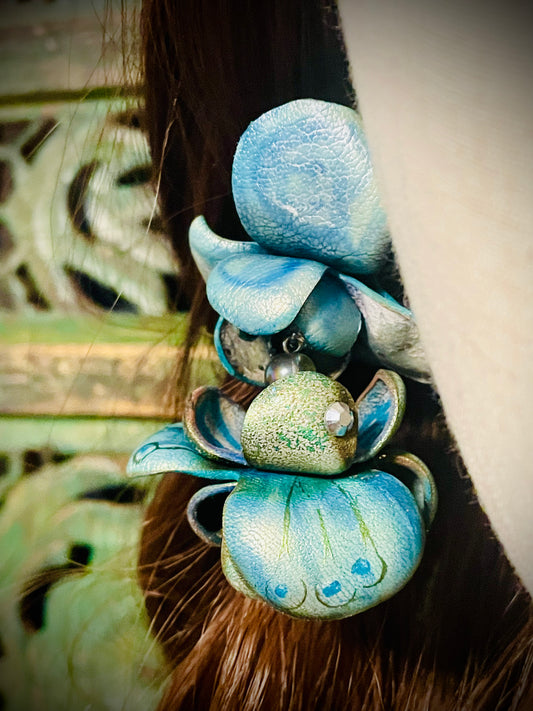 Blue Leather Flowers/ Hand Painted