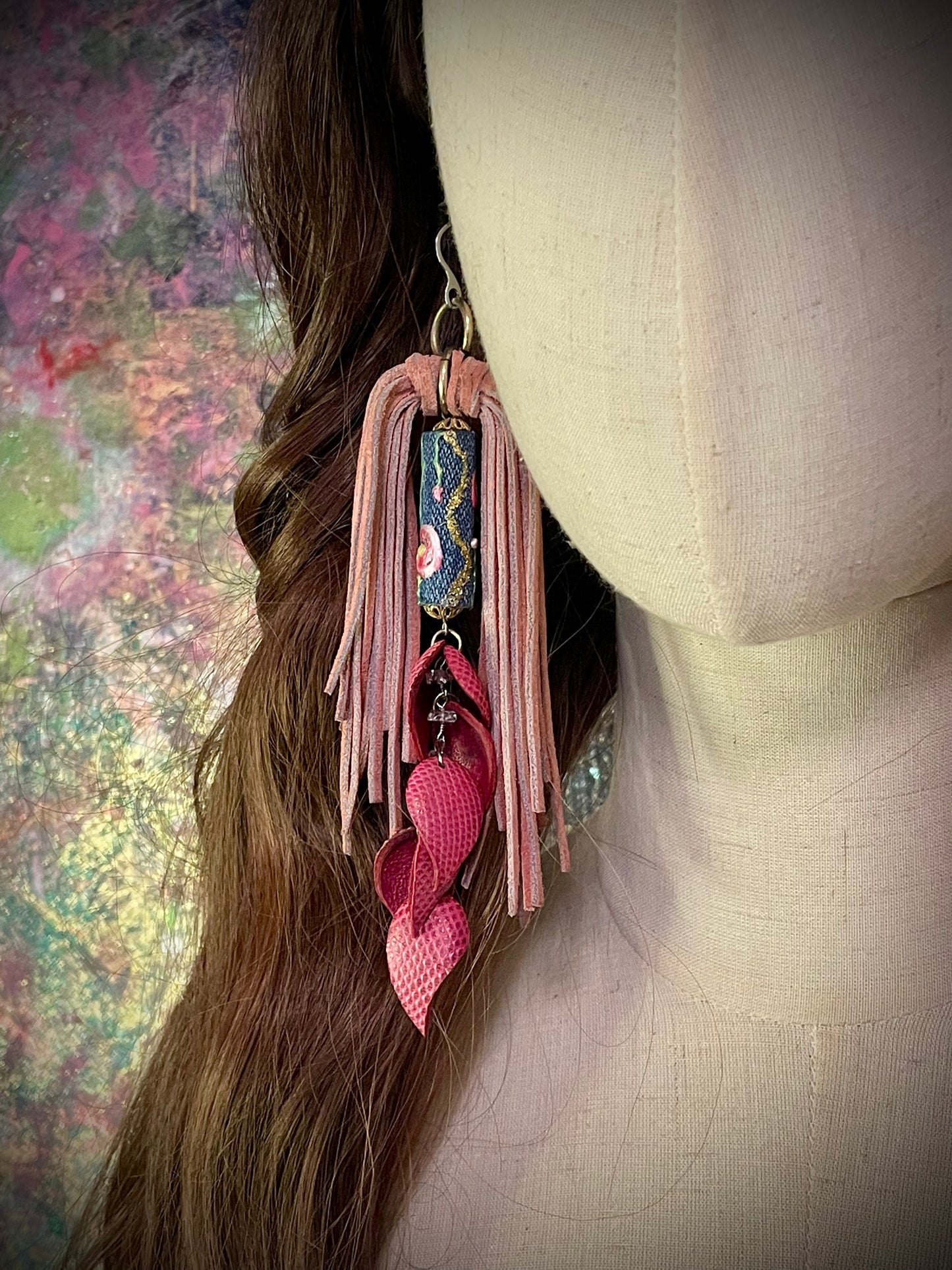 Pink Red Lizard & Suede Fringe Leather Earrings