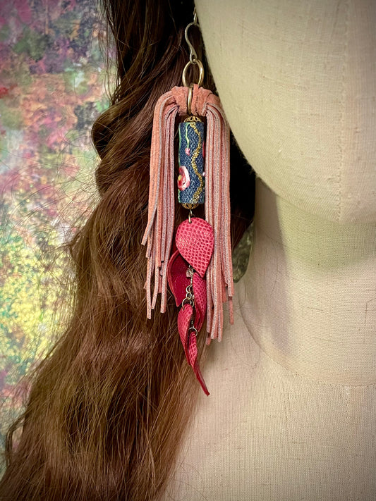 Pink Red Lizard & Suede Fringe Leather Earrings