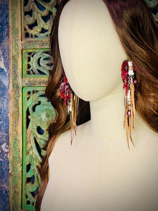 Curled Leather Petals Earrings & Fringe
