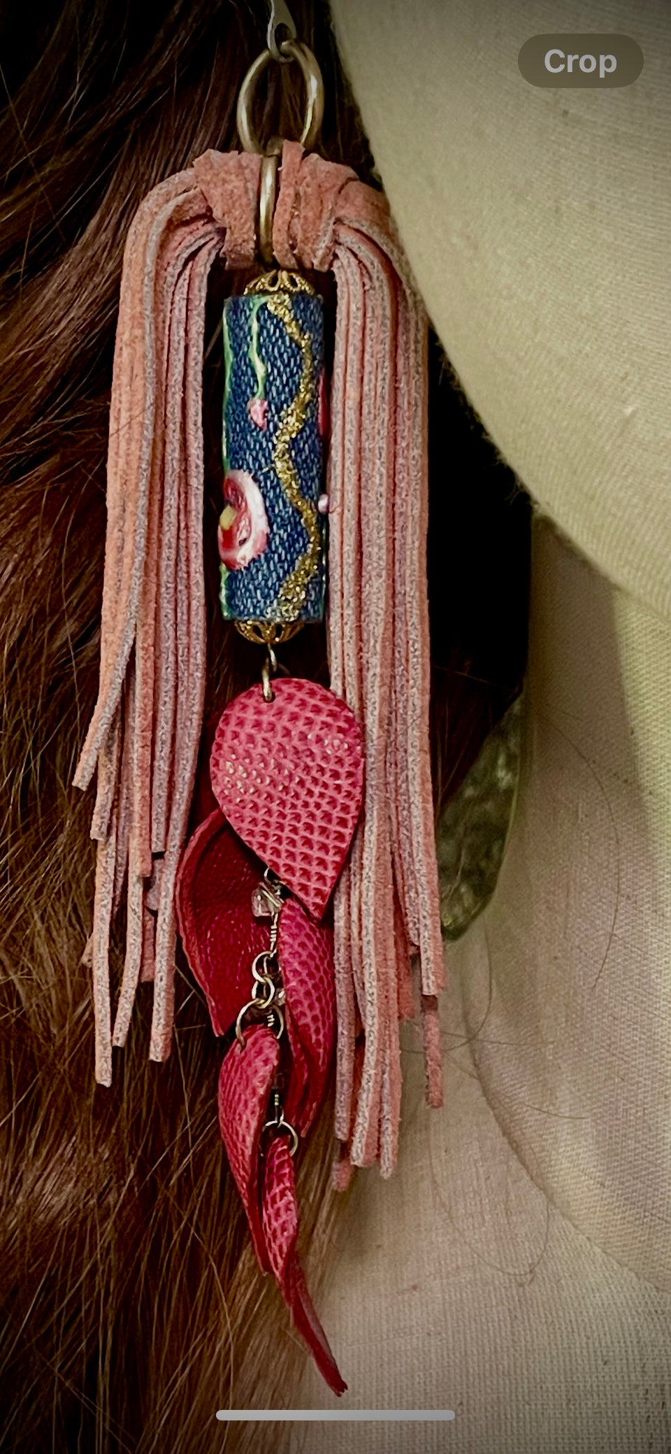 Pink Red Lizard & Suede Fringe Leather Earrings