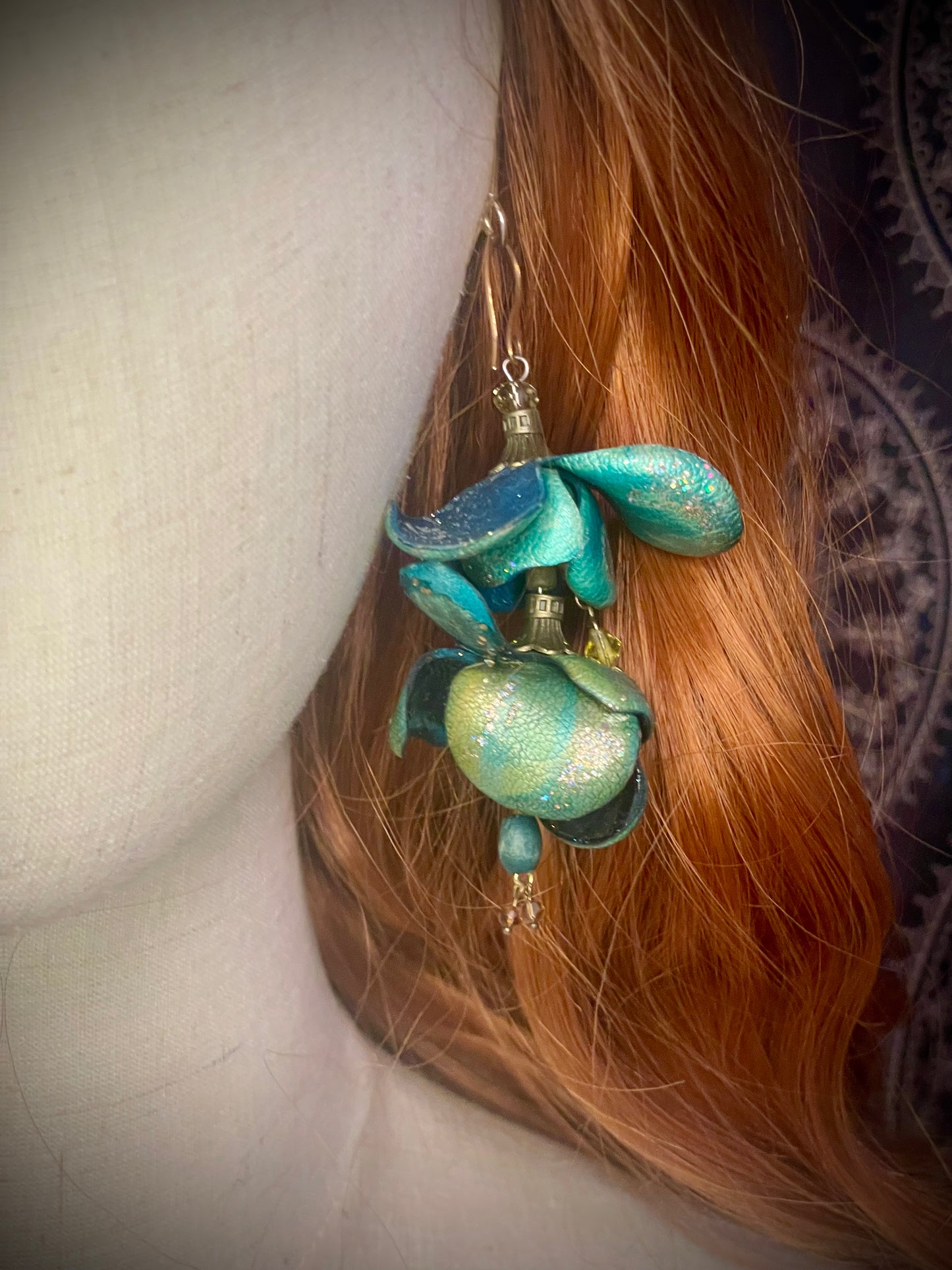Turquoise & Green Metalic Leather Flower Earrings