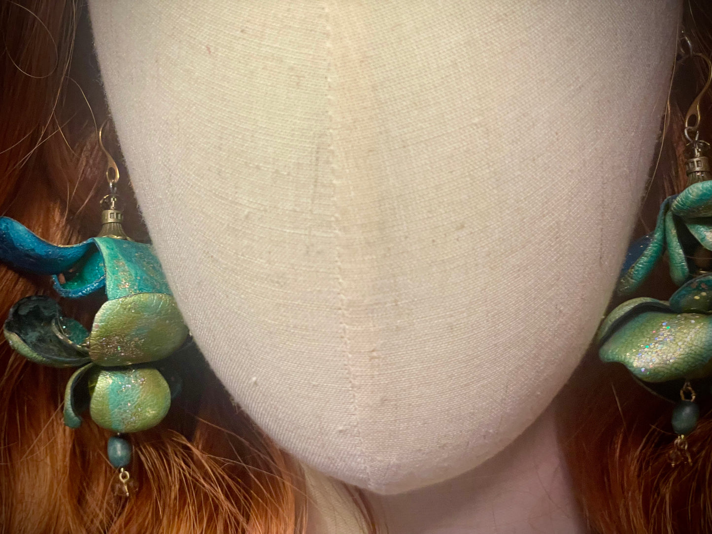 Turquoise & Green Metalic Leather Flower Earrings