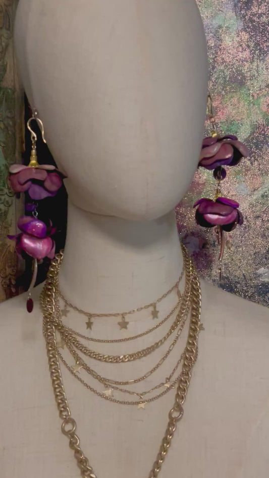 Pink Purple Hand-Painted Leather Flowers Earrings